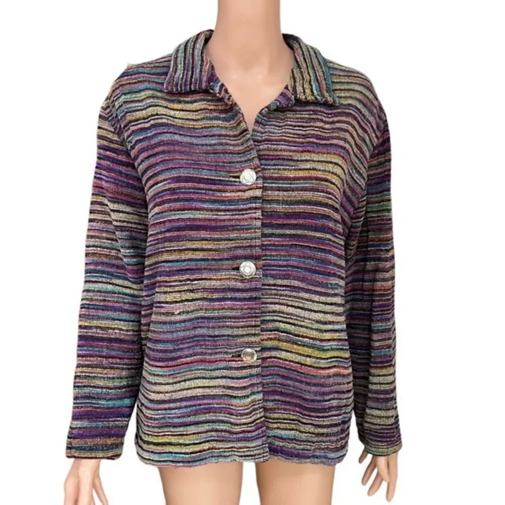 Chico’s Chenille Striped Jacket Multi Color Cotton Blend size 2/L.
